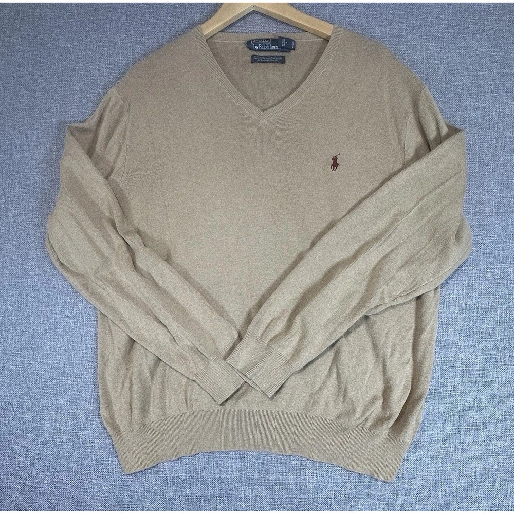 POLO RALPH LAUREN SZ XL MEN'S VINTAGE PIMA COTTON PULLOVER V-NECK CAMEL SWEATER